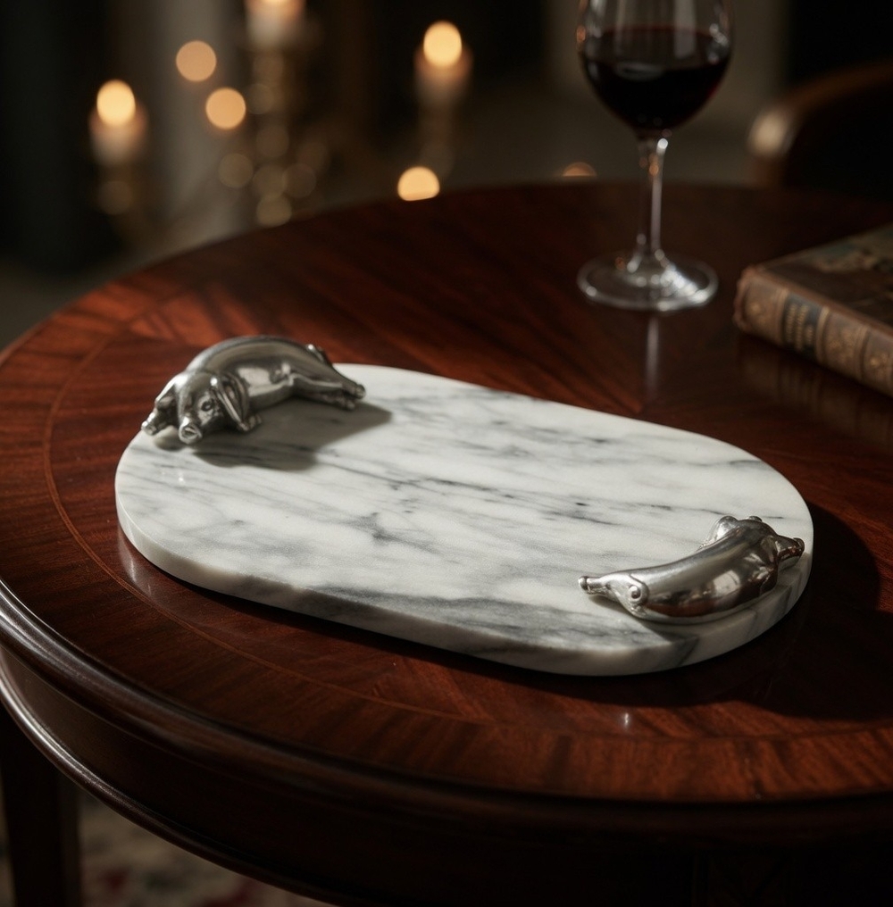 Vintage Arthur Court Marble Oval Serving Tray Figural Pig Aluminum Handle 13x7.5